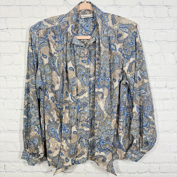 Vintage 80’s Blouse Women Size 16 Fair Isle Long Sleeve Tie Neck Retro Boho Top - Picture 1 of 12